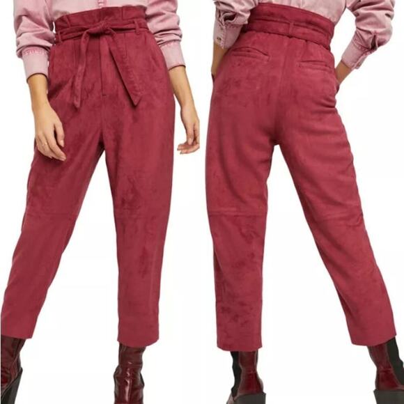 Free People Nightfall Vegan Suede Paperbag Pants Queen Pomegrana Women's Size 8 - Picture 1 of 10